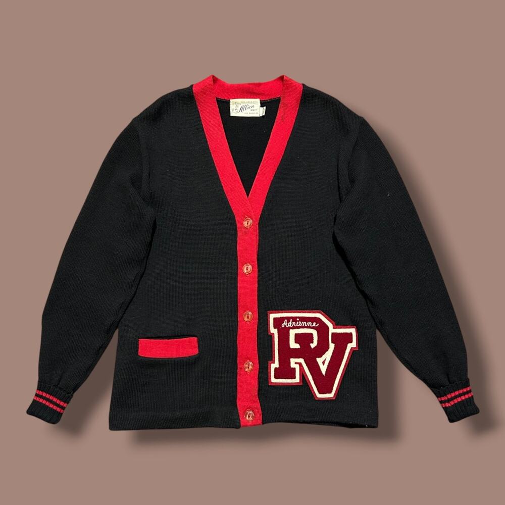 Vintage 50s Varsity Sweater Wool Cardigan Letterman Jacket Black Red Womens